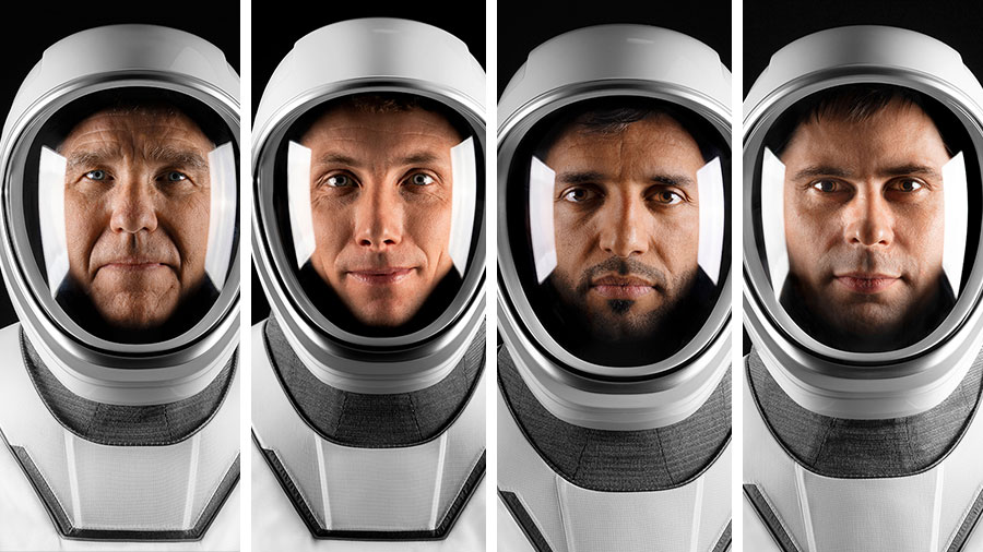 From left, are SpaceX Crew-6 Mission Specialist Andrey Fedyaev, Commander Stephen Bowen, Pilot Warren "Woody" Hoburg, and Mission Specialist Sultan Alneyadi. Credit: SpaceX