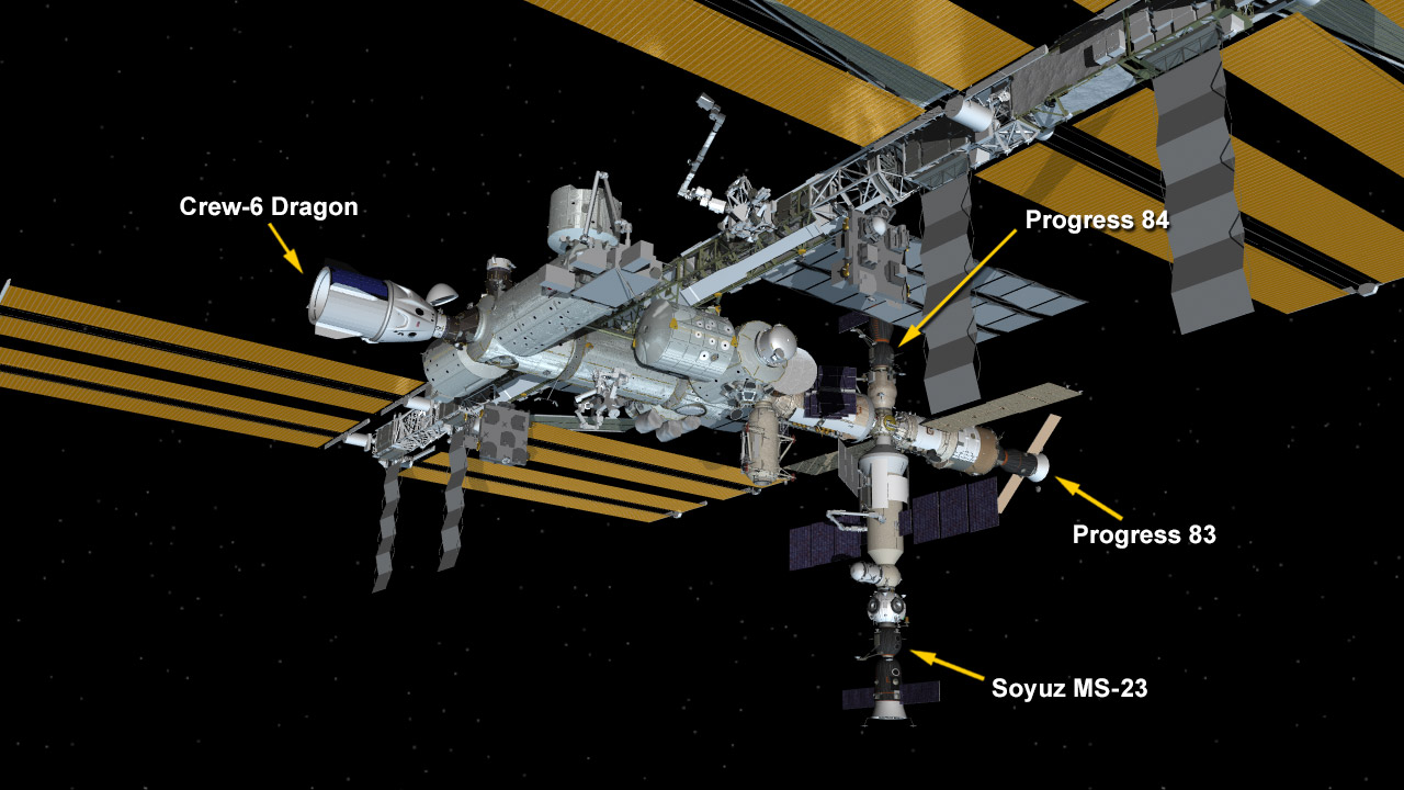 May 30, 2023: International Space Station Configuration. Four spaceships are docked at the space station including the SpaceX Dragon Endeavour crew ship and Roscosmos' Soyuz MS-23 crew ship and Progress 83 and 84 resupply ships.