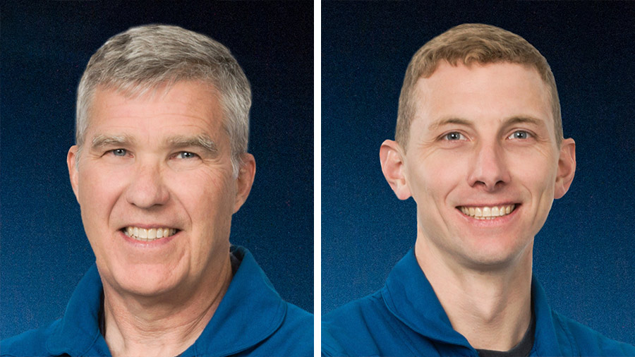 NASA astronauts (from left) Stephen Bowen and Woody Hoburg will install a set of new roll-out solar arrays on the space station during today's spacewalk.