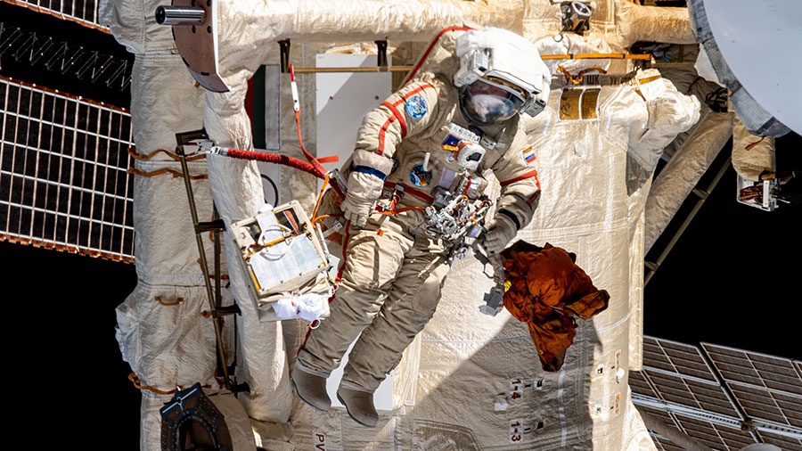 Roscosmos cosmonaut Sergey Prokopyev works outside the International Space Station during a spacewalk on May 3, 2023.