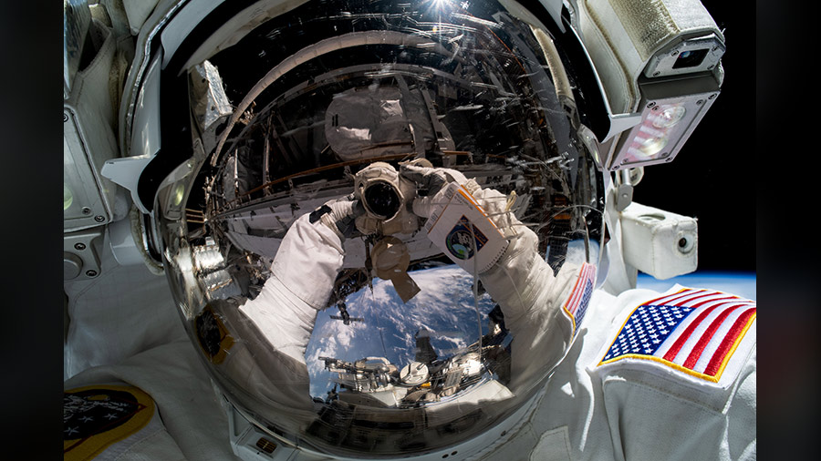 Astronaut Woody Hoburg points the camera toward himself and takes an out-of-this-world "space-selfie" during a spacewalk on June 9, 2023.