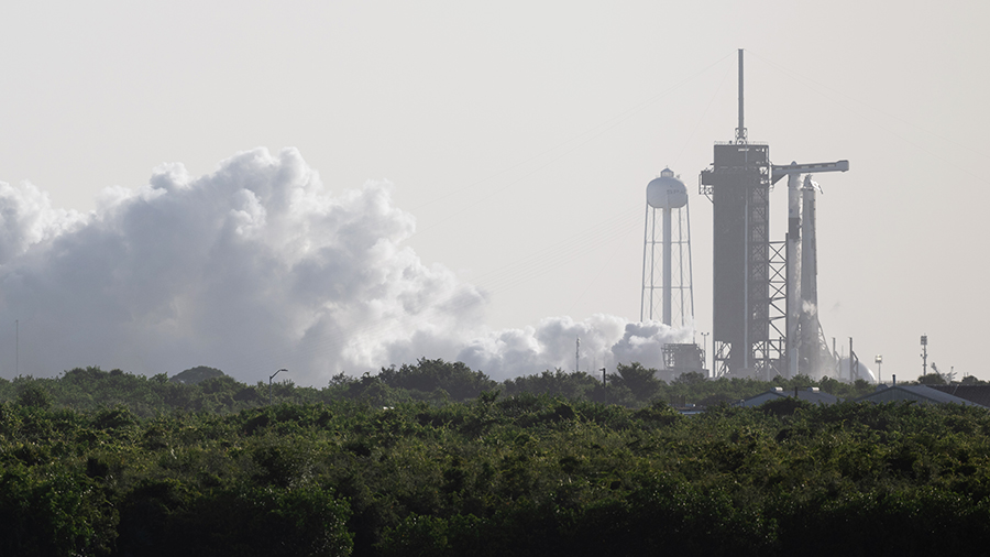 The SpaceX Falcon 9 rocket engines fired for 6 seconds as part of the pre-launch static fire test on Tuesday prior to the launch of the SpaceX Crew-7 mission scheduled for 3:49 a.m. on Friday. Credit: NASA/Joel Kowsky