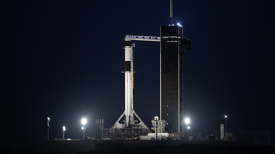 The SpaceX Falcon 9 rocket with the company's Dragon spacecraft on top is seen on the launch pad at NASA’s Kennedy Space Center in Florida as preparations continue for the launch of the Crew-7 mission. Credit: NASA/Joel Kowsky