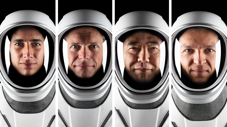 The four SpaceX Crew-7 members pose for a portrait in their pressure suits. From left are, Jasmin Moghbeli, Andreas Mogensen, Satoshi Furukawa, and Konstantin Borisov. Credit: SpaceX