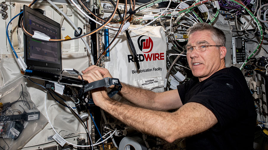 Astronaut Stephen Bowen performs research activities using the BioFabrication Facility, an experiment platform to print organ-like tissues.