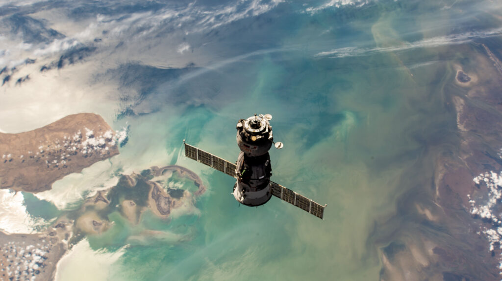 The Soyuz MS-23 crew ship approaches the International Space Station's Prichal docking module after undocking earlier from the Poisk module.