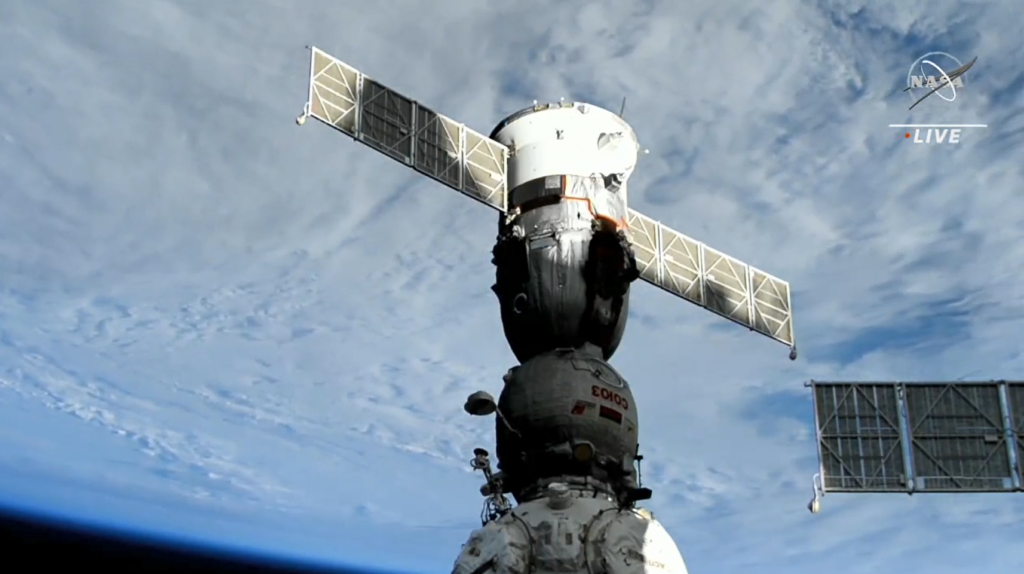 The Soyuz MS-23 spacecraft, docked to the station's Prichal module, orbits Earth as crew prepares to undock. Credit: NASA TV