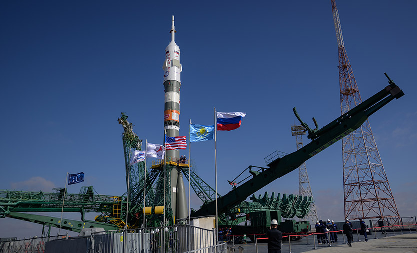 The Soyuz MS-24 rocket that will launch three crew members to the space station on Friday, Sept. 15, is pictured standing at its launch pad in Kazakhstan. Credit: NASA/Bill Ingalls