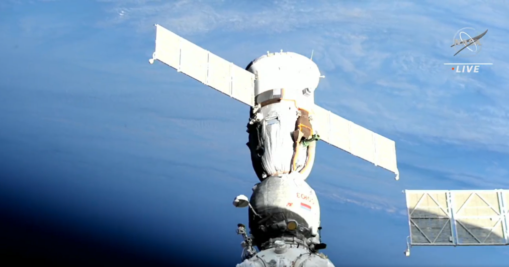 The Soyuz MS-23 spacecraft is docked to the station's Prichal module as NASA astronaut Frank Rubio and two cosmonauts prepare for departure. Credit: NASA TV