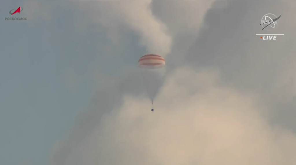 The Soyuz MS-23 spacecraft deploys its parachute for landing in Kazakhstan. Credit: NASA TV