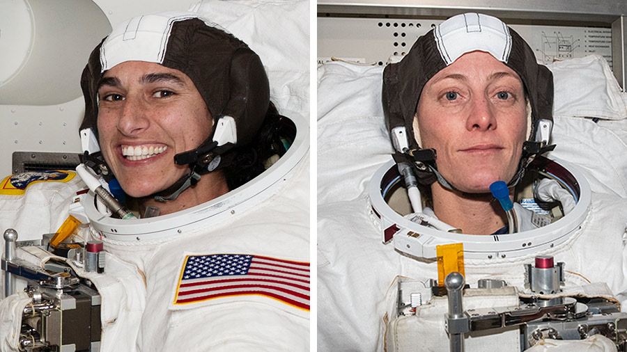 (From left) Astronauts Jasmin Moghbeli and Loral O'Hara are pictured trying on their spacesuits and testing their suits' components aboard the space station.