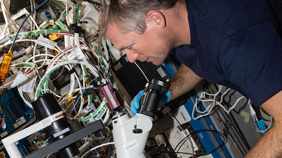 Astronaut Andreas Mogensen operates a microscope to capture imagery of brain cell-like samples for the Cerebral Ageing space biology study.