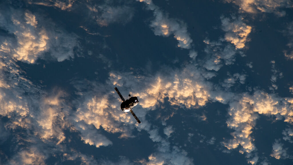 The ISS Progress 81 resupply ship from Roscosmos is pictured 265 miles above the Pacific Ocean after undocking from the Zvezda service module's rear port on Feb. 7, 2023.