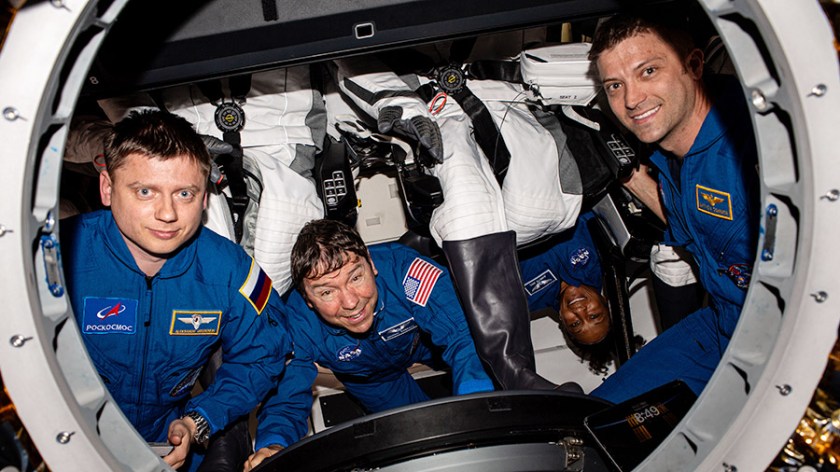 The SpaceX Crew-8 members are pictured inside the SpaceX Dragon spacecraft shortly after the hatch opened to the station. From left are, Alexander Grebenkin, Mike Barratt, Jeanette Epps, and Matthew Dominick.