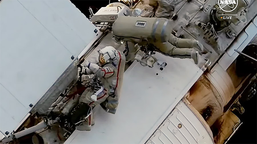 Spacewalkers Oleg Kononenko and Nikolai are pictured shortly after their spacewalk began on Thursday, April 25, 2024, for hardware and science installation work. Credit: NASA TV