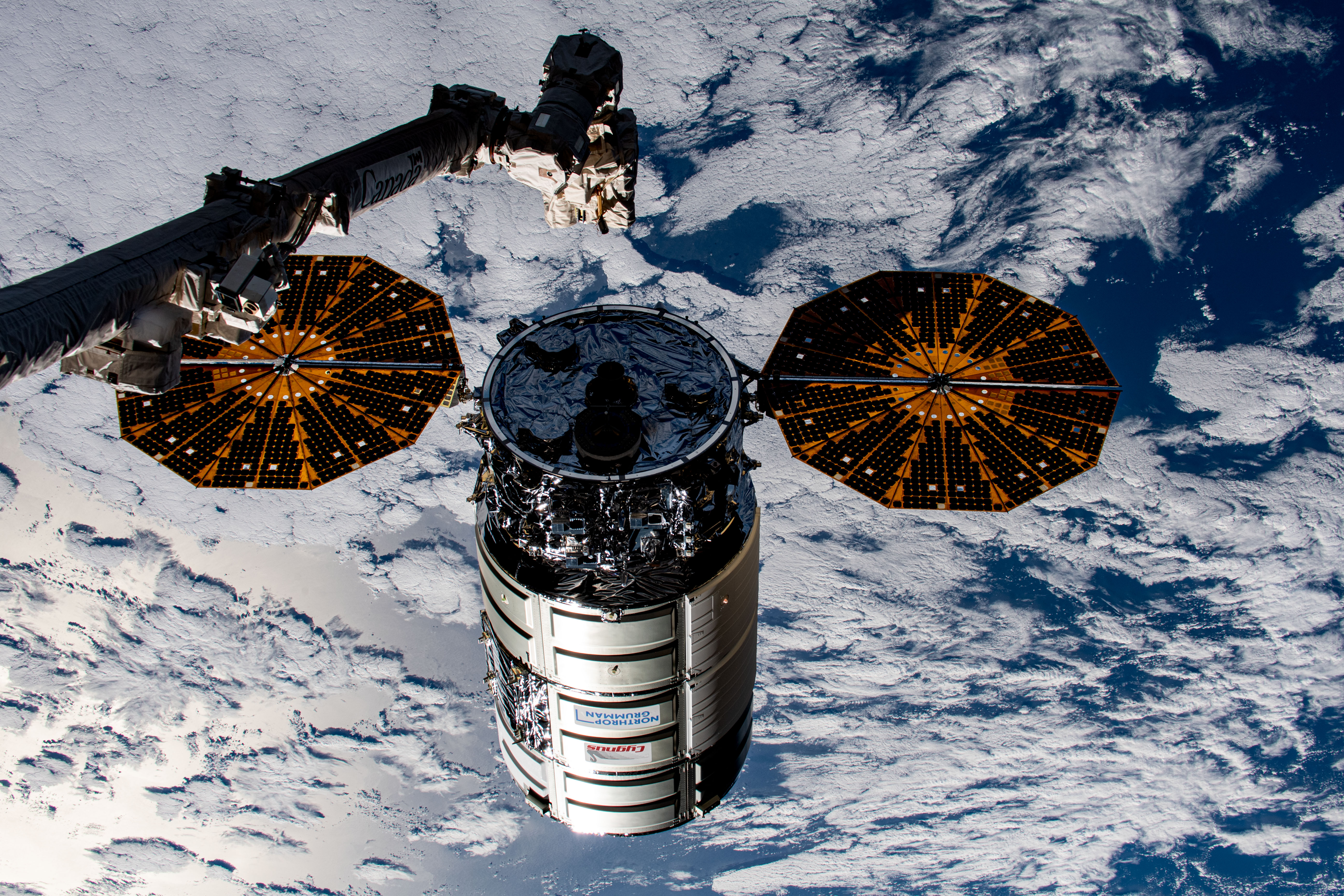 Northrop Grumman's Cygnus cargo craft is pictured moments away from being captured by the Canadarm2 robotic arm.