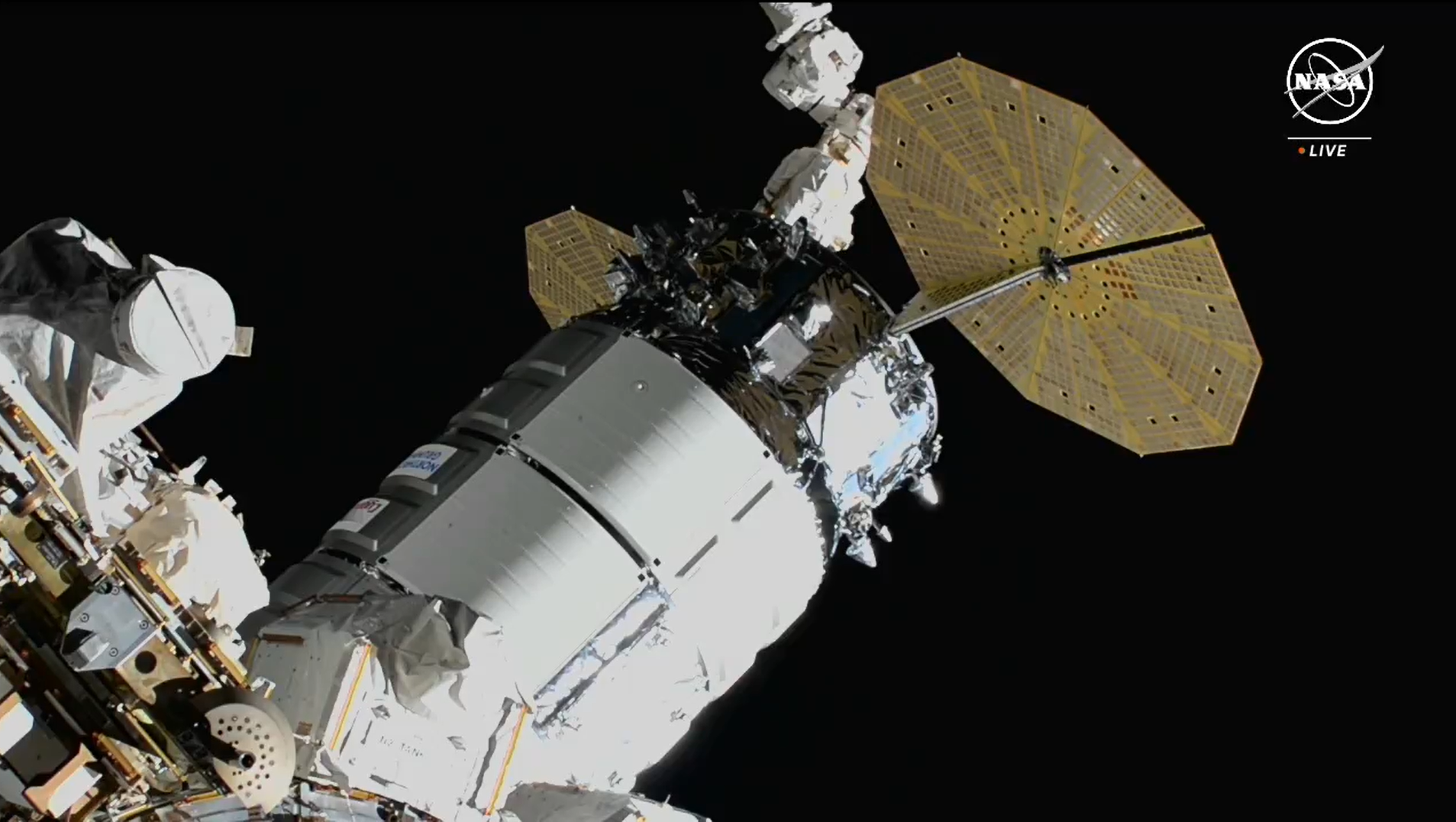 Northrop Grumman's Cygnus spacecraft is pictured attached to the Earth-facing port of the space station's Unity module on Aug. 6, 2024. Credit: NASA TV