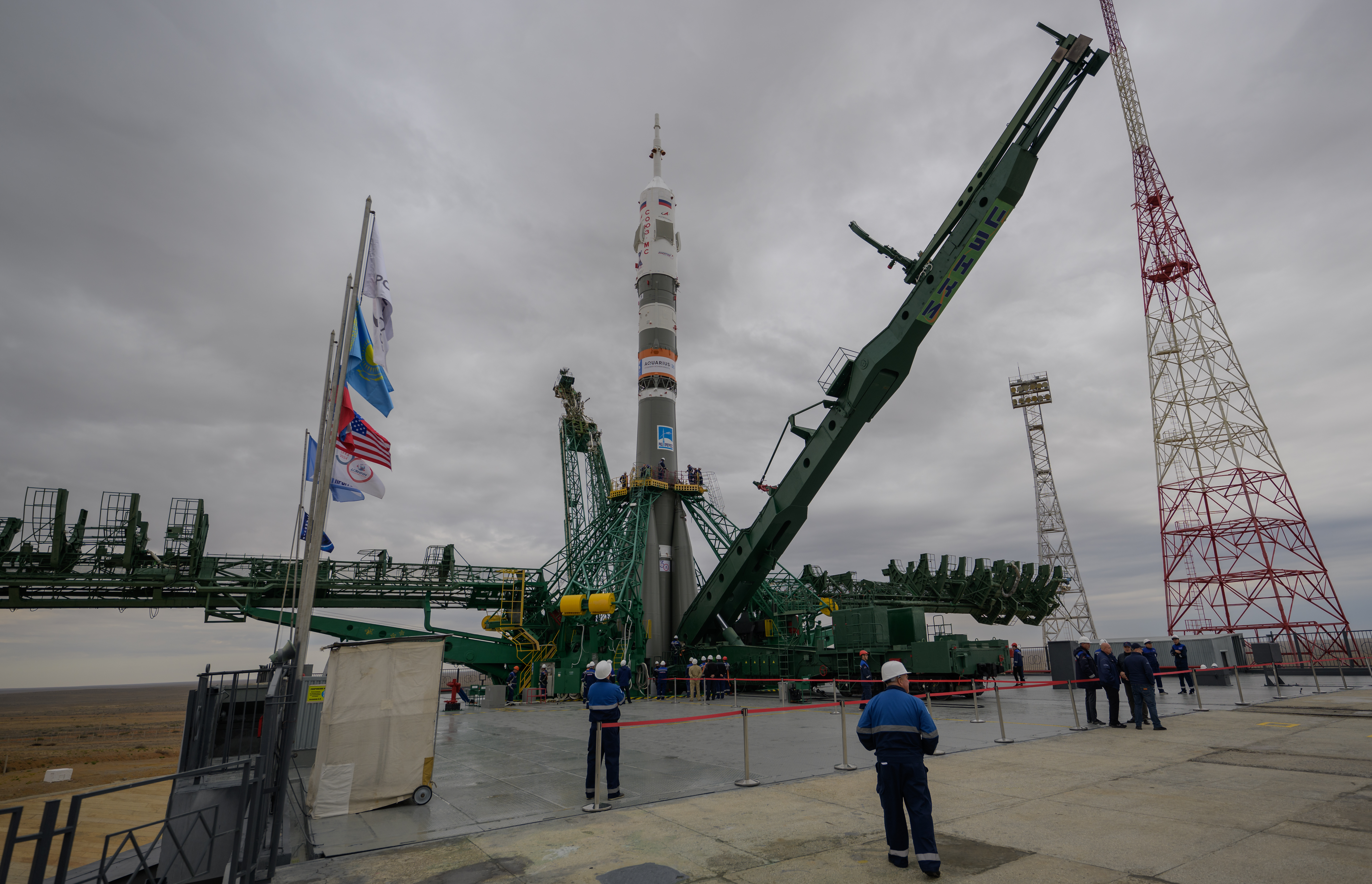 The Soyuz rocket is seen after being rolled out by train to the launch pad at Site 31, Sunday, Sept. 8, 2024, at the Baikonur Cosmodrome in Kazakhstan. Credit: NASA/Bill Ingalls