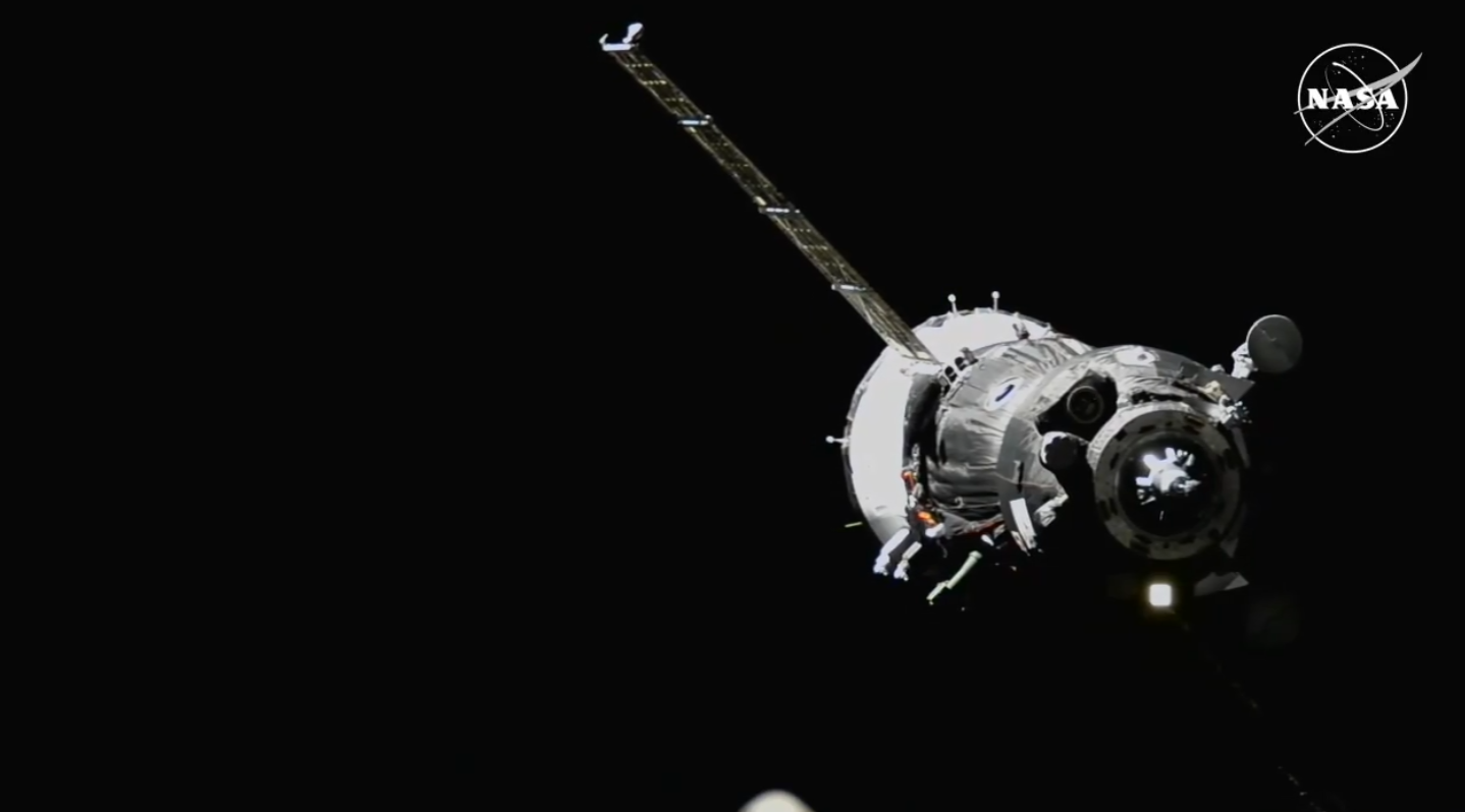 The Soyuz MS-26 spacecraft is seen approaching the station ahead of docking at 3:32 p.m. EDT. Credit: NASA