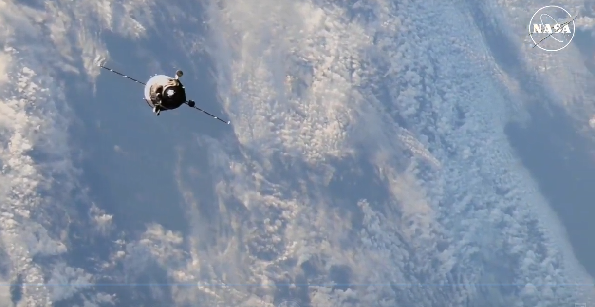 The Soyuz MS-26 spacecraft is seen approaching the station ahead of docking at 3:32 p.m. EDT. Credit: NASA