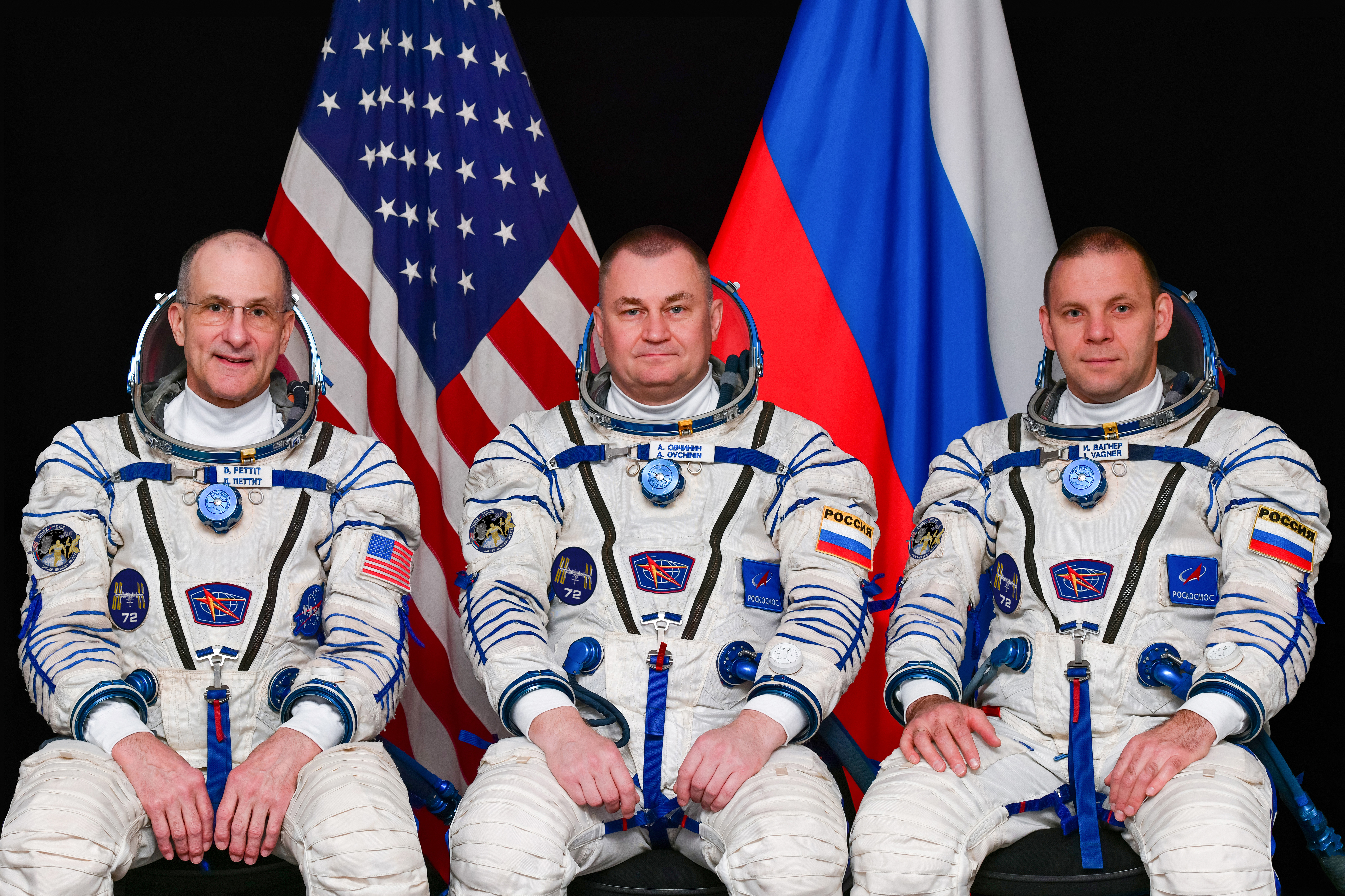 The Roscosmos Soyuz MS-26 spacecraft will launch from the Baikonur Cosmodrome in Kazakhstan to the International Space Station with (pictured left to right) NASA astronaut Don Pettit and Roscosmos cosmonauts Alexey Ovchinin and Ivan Vagner.Credit: Gagarin Cosmonaut Training Center