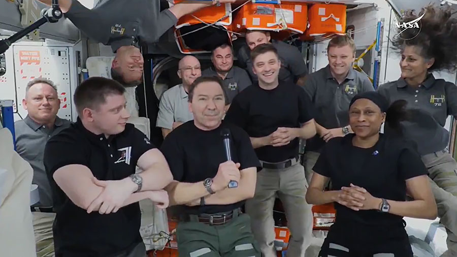 The SpaceX Crew-8 members say farewell to the Expedition 72 crew as they prepare for return to Earth. In the front row from left are, Alexander Grebenkin, Mike Barratt, Matthew Dominick, and Jeanette Epps. In the back row are, Butch Wilmore, Nick Hague, Don Pettit, Alexey Ovchinin, Ivan Vagner, Aleksandr Gorbunov, and Suni Williams. Credit: NASA TV