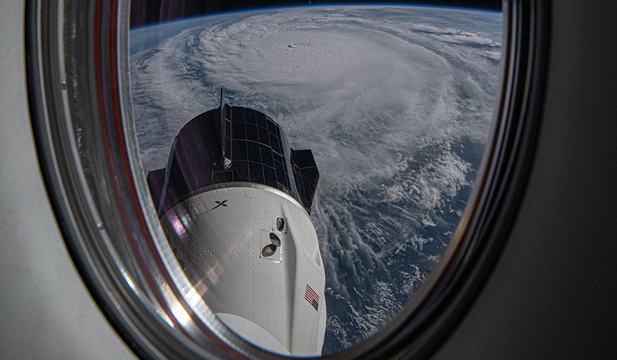 The SpaceX Dragon Freedom spacecraft is pictured docked to the International Space Station as it soared 257 miles above Hurricane Milton in the Gulf of Mexico on Oct. 8, 2024.