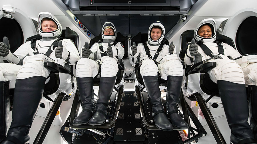 NASA's SpaceX Crew-8 members pose for a photo inside the SpaceX Dragon spacecraft during training on January 2024. From left are, Roscosmos cosmonaut Alexander Grebenkin and NASA astronauts Mike Barratt, Matthew Dominick, and Jeanette Epps. Credit: SpaceX