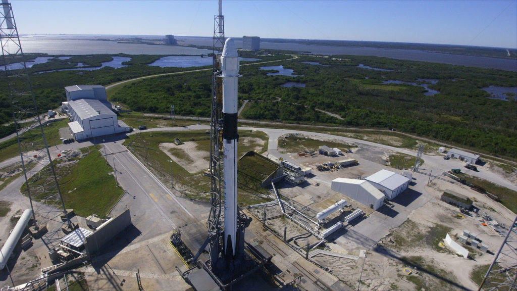 The SpaceX Falcon 9 and Dragon spacecraft are on the pad at Space Launch Complex 40 at Cape Canaveral Air Force Station in Florida. 