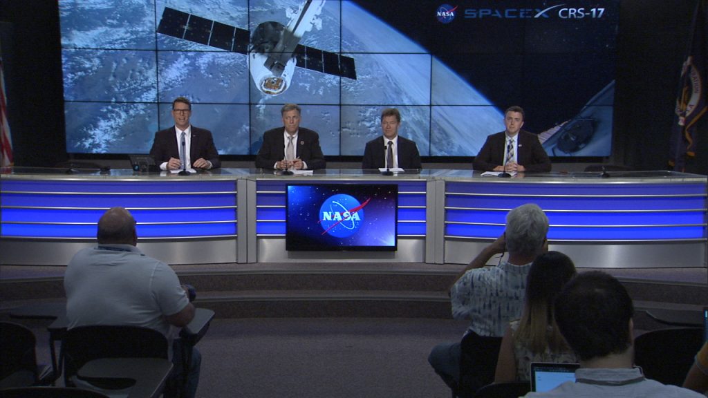 A prelaunch news conference for SpaceX’s CRS-17 launch, targeted for Friday, May 3, at 3:11 a.m. EDT, was held at Kennedy Space Center in Florida on Thursday, May 2. Participants included, from left to right: Derrol Nail, NASA Communications; Kenny Todd, manager, International Space Station Operations and Integration, JSC; Hans Koenigsmann, VP, Build and Flight Reliability, SpaceX, and Will Ulrich, launch weather officer, U.S. Air Force 45th Space Wing. 