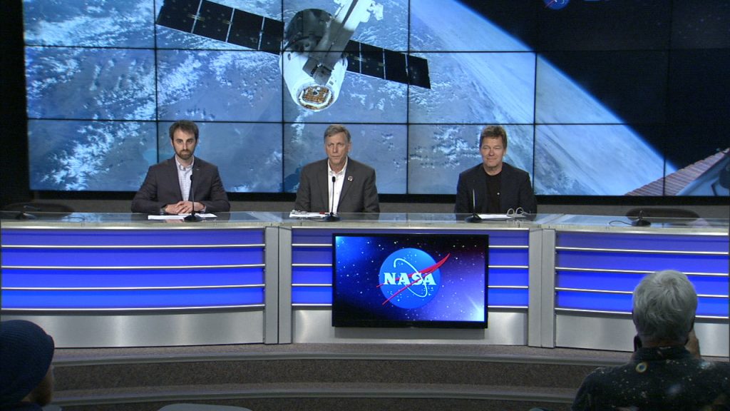 From left to right, Joshua Santora, NASA Communications; Kenny Todd, manager, International Space Station Operations and Integration, NASA’s Johnson Space Center; and Hans Koenigsmann, vice president, Build and Flight Reliability, SpaceX, participate in a postlaunch press conference at Kennedy Space Center following the SpaceX CRS-17 launch on May 4, 2019. The Dragon spacecraft will arrive at the International Space Station on Monday, May 6. Photo credit: NASA