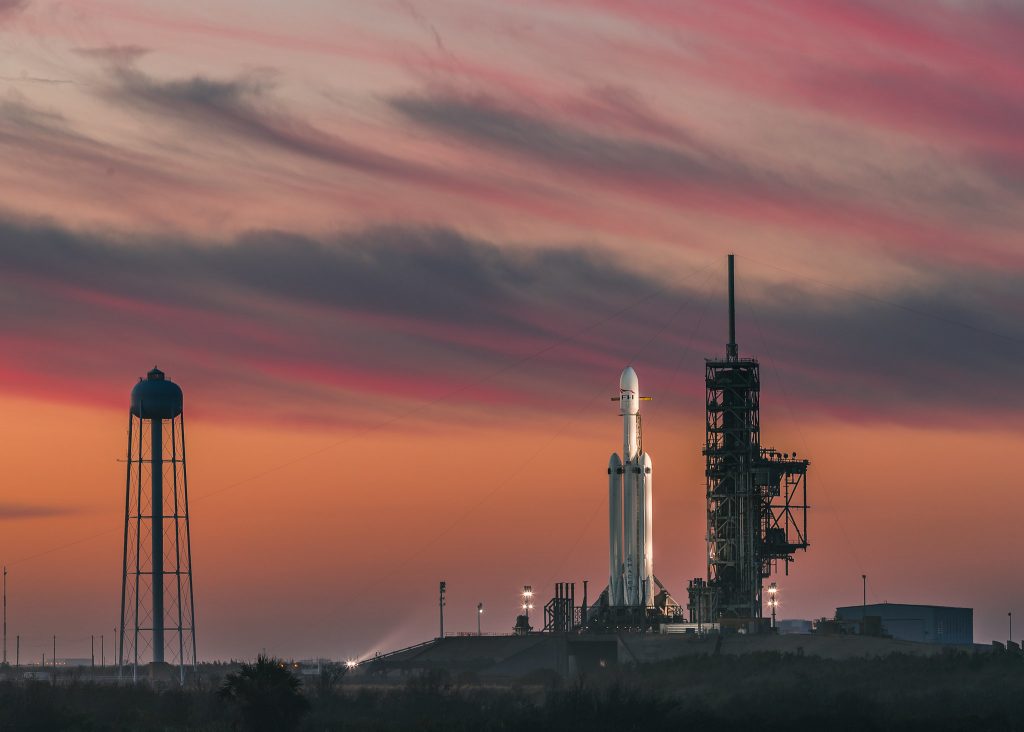 A SpaceX Falcon Heavy rocket stands at Launch Complex 39A at NASA's Kennedy Space Center in Florida on February 6, 2018.