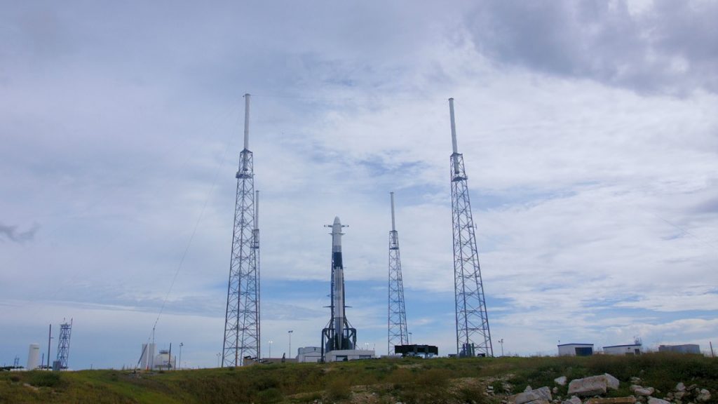 SpaceX's Falcon 9 rocket stands ready for lift off at Cape Canaveral Air Force Station's Space Launch Complex 40 in Florida for the company's 18th Commercial Resupply Services (CRS-18) mission to the International Space Station.