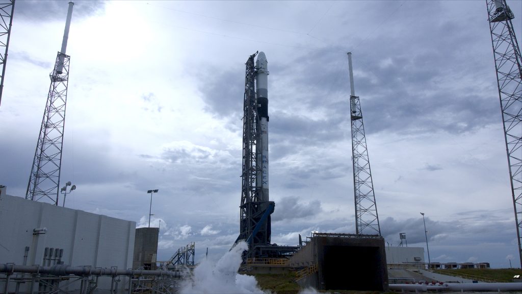 SpaceX's Falcon 9 rocket stands ready for lift off at Cape Canaveral Air Force Station's Space Launch Complex 40 in Florida for the company's 18th Commercial Resupply Services (CRS-18) mission to the International Space Station.