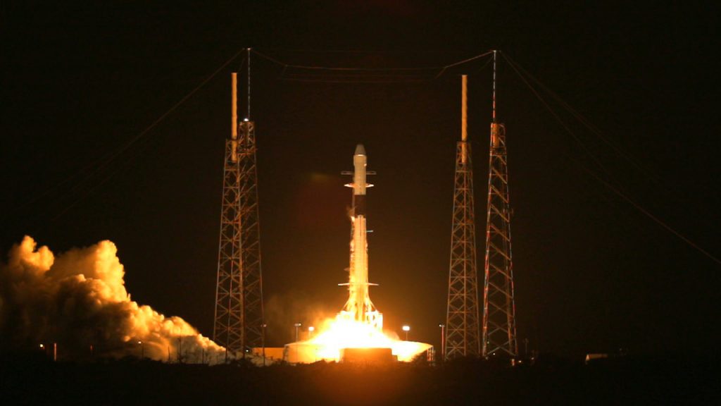 A SpaceX Dragon cargo spacecraft launches on a Falcon 9 rocket from Space Launch Complex 40 at Cape Canaveral Air Force Station in Florida at 11:50 p.m. EST March 6, 2020.