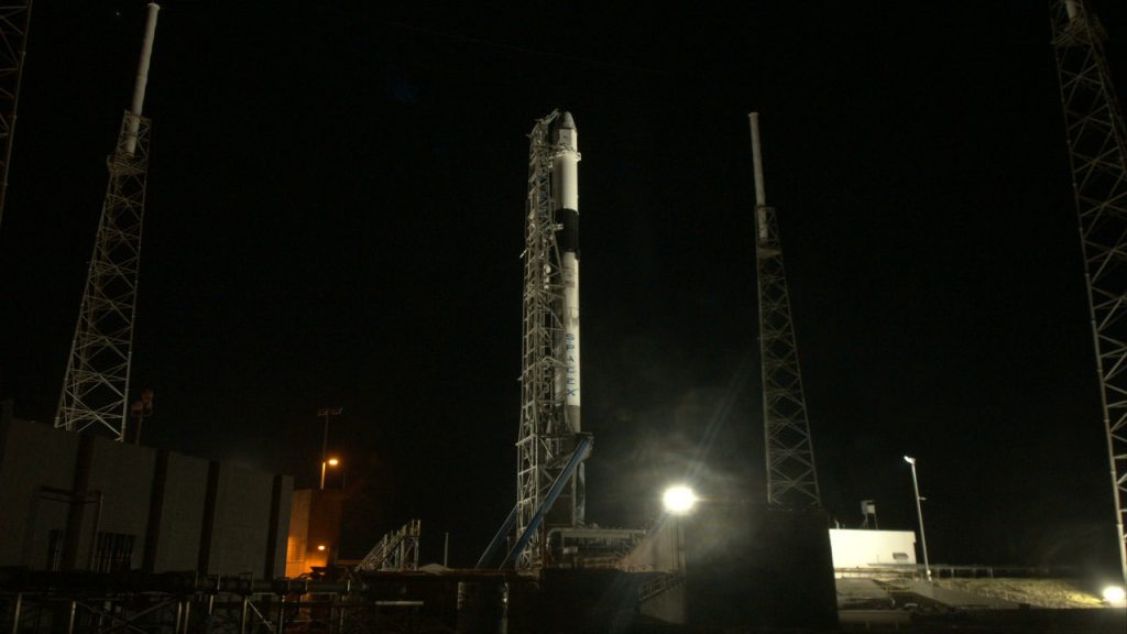 The SpaceX Falcon 9 rocket and Dragon cargo spacecraft are on Space Launch Complex 40 at Cape Canaveral Air Force Station in Florida.