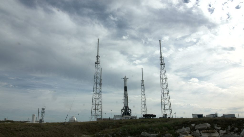 The SpaceX Falcon 9 rocket with the Dragon cargo spacecraft are shown earlier this evening, March 6, on Space Launch Complex 40 at Cape Canaveral Air Force Station in Florida. 