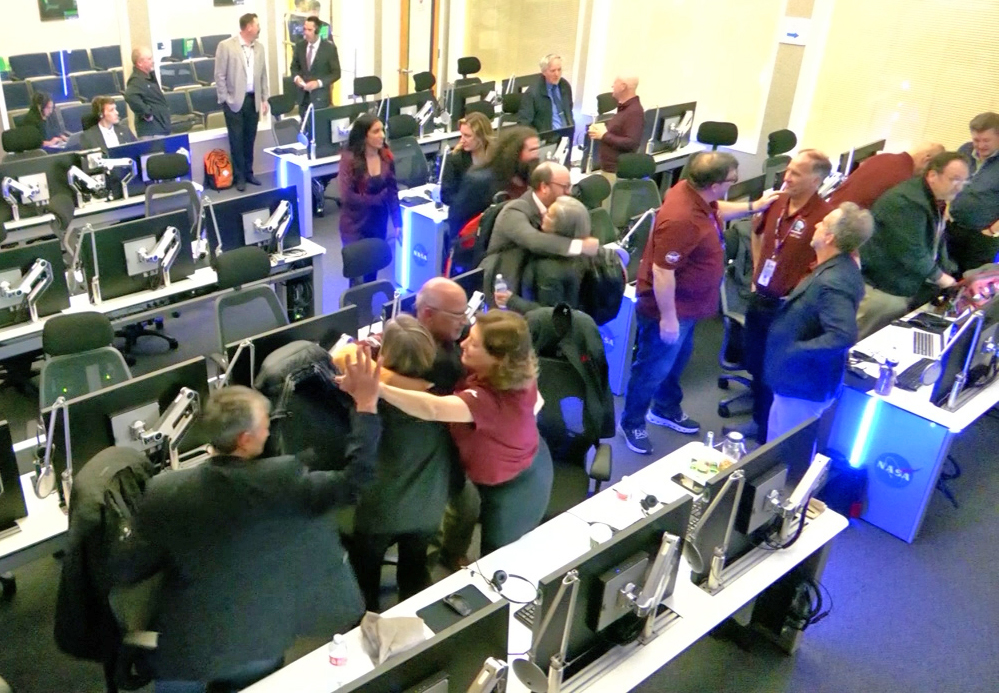 NASA’s SPHEREx (Spectro-Photometer for the History of the Universe, Epoch of Reionization and Ices Explorer) mission controllers celebrate acquisition of signal after launch on Tuesday, March 11, 2025. 