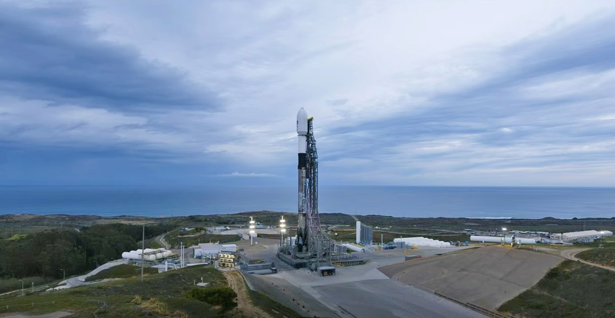 A SpaceX Falcon 9 rocket, carrying NASA’s SPHEREx (Spectro-Photometer for the History of the Universe, Epoch of Reionization and Ices Explorer) observatory and PUNCH (Polarimeter to Unify the Corona and Heliosphere) satellites, is vertical at Space Launch Complex 4 East from Vandenberg Space Force Base in California on Monday, March 10, 2025.