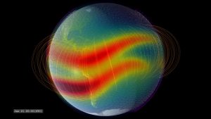 Data visualization showing Earth with two bands of dense plasma near the equator, complex upper atmospheric winds, and Earth's magnetic field like a belt near the middle of the planet.