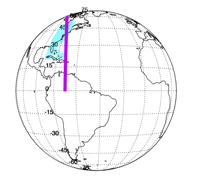 Map of the Earth showing the region covered by the radio-wave measurements and GOLD measurements. The overlap occurs on the east coast of the United States