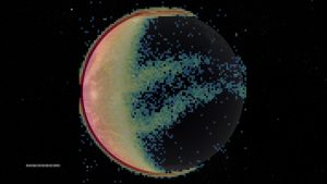 Satellite data overlaid over an outline of Earth shows twin bands of emission near the equator at night.