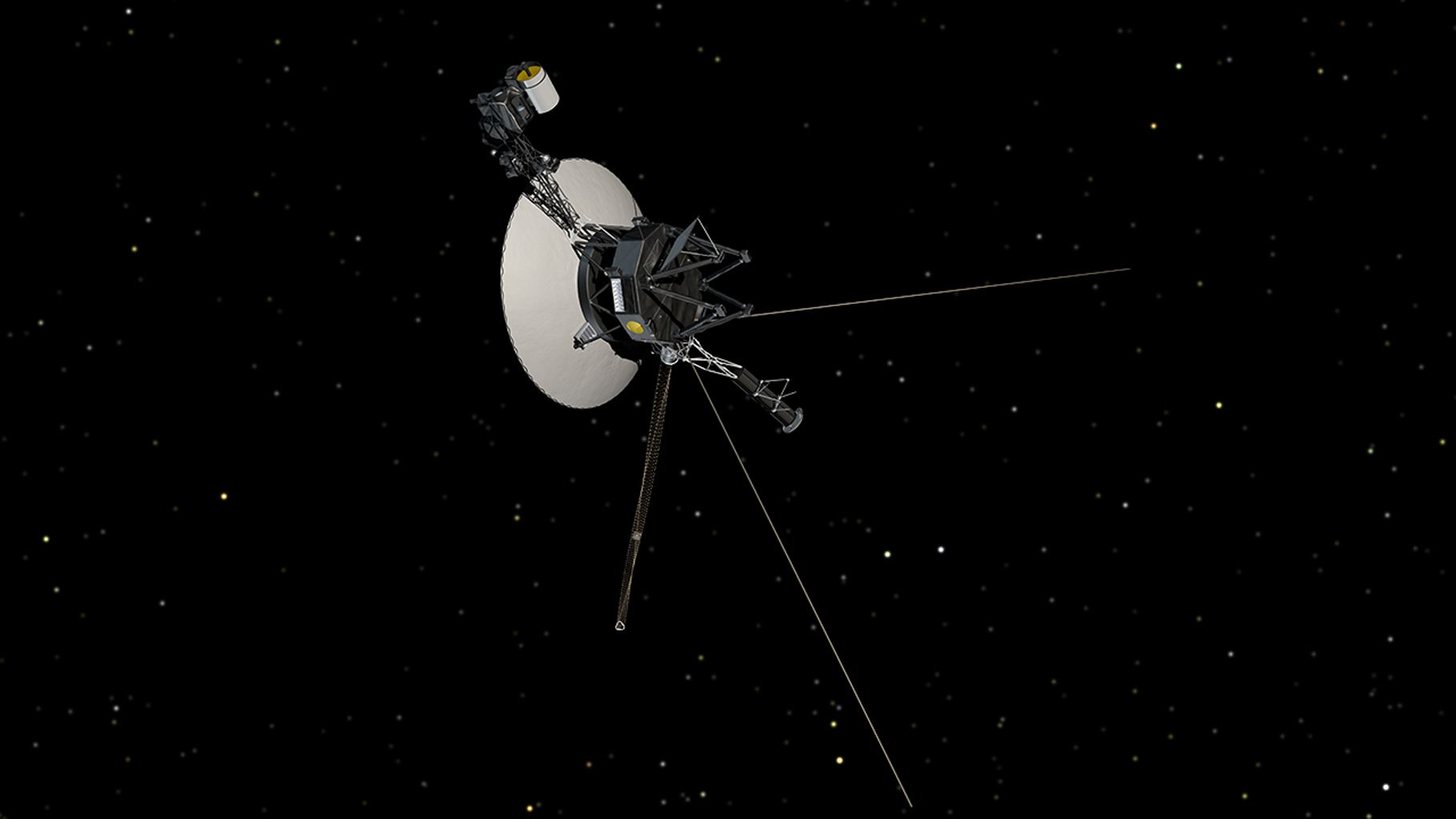 The Voyager spacecraft is in set against a dark starry background.