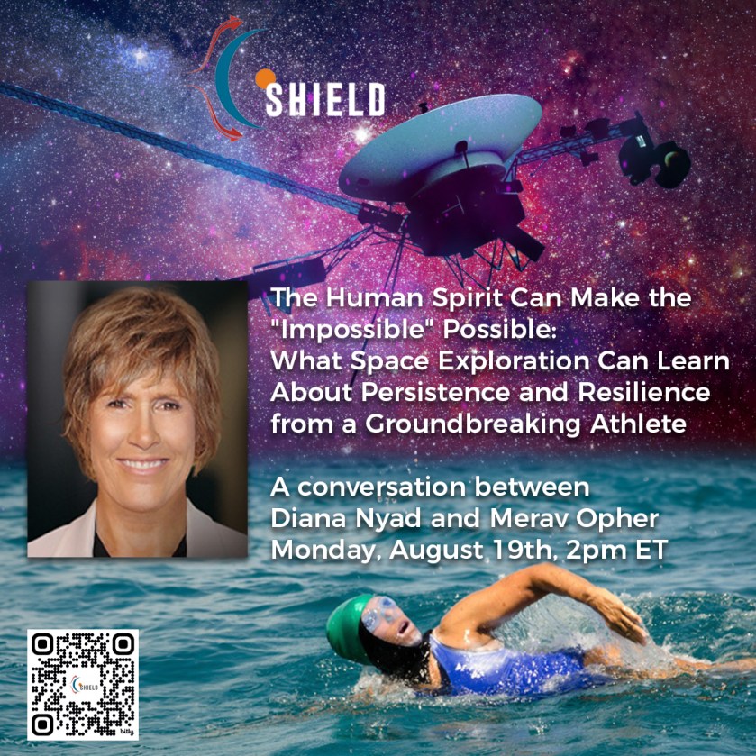 The background has a purple and blue sky with white stars sprinkled throughout. The lower half of the background shows a blue ocean with a woman mid-stroke in swimming. The foreground shows a photo of Diana Nyad, the marathon swimmer, with a description of the webinar and a scan code to register.