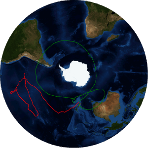 The groundtrack of NASA's Super Pressure Balloon is pictured here. The green track represents the first mid-latitude circumnavigation and the red represents the current track. The balloon is flying over the Pacific Ocean nearing the west coast of South America. 