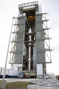 The payload fairing containing the TDRS-L spacecraft has been attached at the top of the United Launch Alliance Atlas V rocket.