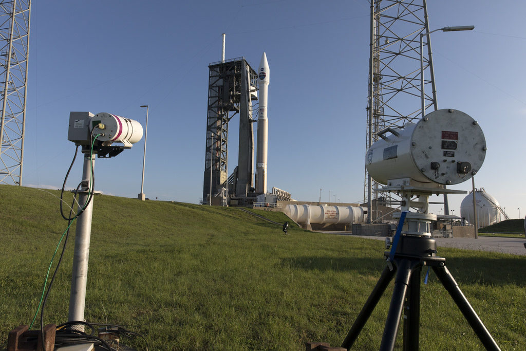 The United Launch Alliance Atlas V rocket carrying NASA's TDRS-M spacecraft appears framed by cameras near the launch pad at Cape Canaveral Air Force Station's Space Launch Complex 41 on Thursday, Aug. 17.