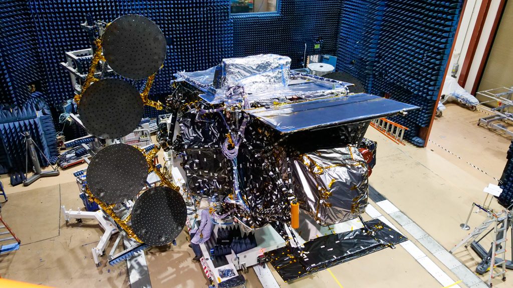 The TEMPO air pollution sensor is hosted on Intelsat 40e, seen here at the Maxar facility in Palo Alto, California, where it was built. The instrument and the entire spacecraft recently passed pre-launch testing at the facility.