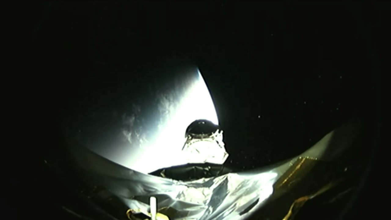 In this view from a camera mounted on the Falcon 9 rocket's second stage, NASA's TESS spacecraft separates from the vehicle, beginning its mission.