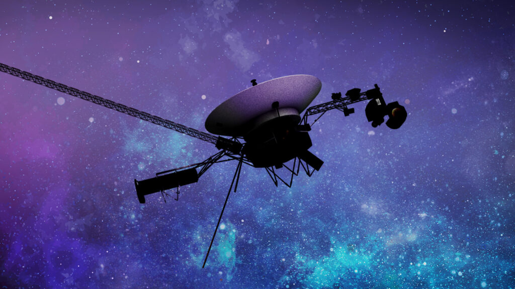 An artist’s concept of the Voyager spacecraft, set against a starry blue and purple background.